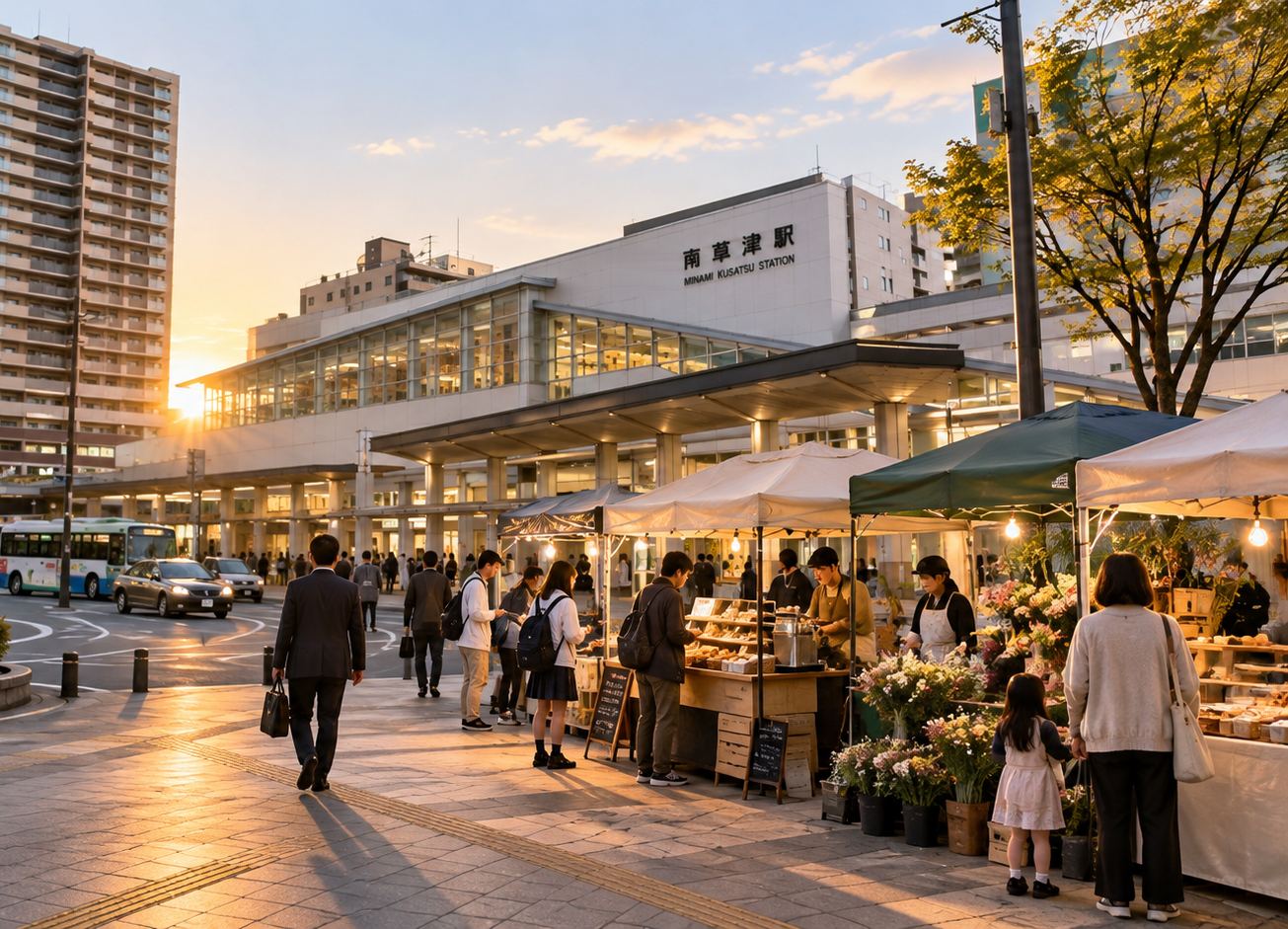 夕方の南草津駅前に小さなお店が並び、帰り道の人が立ち寄る完成イメージ