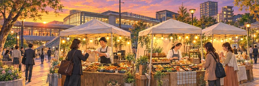 夕方の駅前にテントのお店が並び、仕事帰りの人や学生が立ち寄っているイラスト