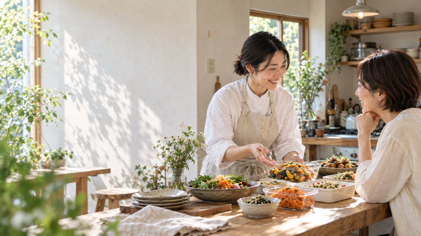 料理人が作り置きの料理を説明し、利用者が笑顔で聞いている様子