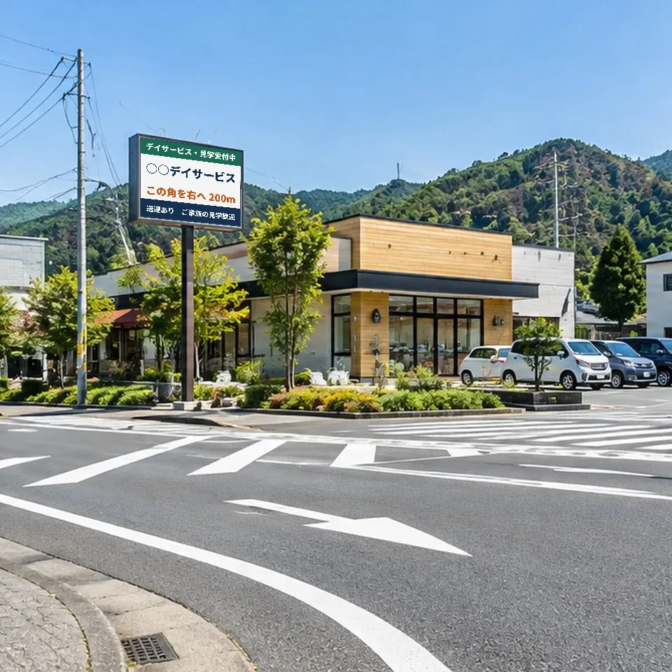 交差点の角のポール看板に、架空のデイサービスの案内を表示したイメージ