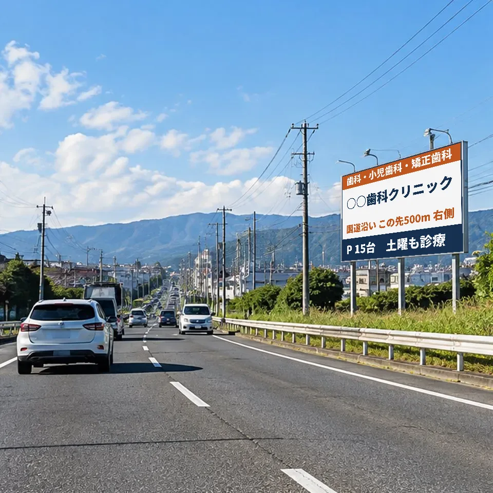 幹線道路沿いの看板に、歯科医院の案内を表示したイメージ写真