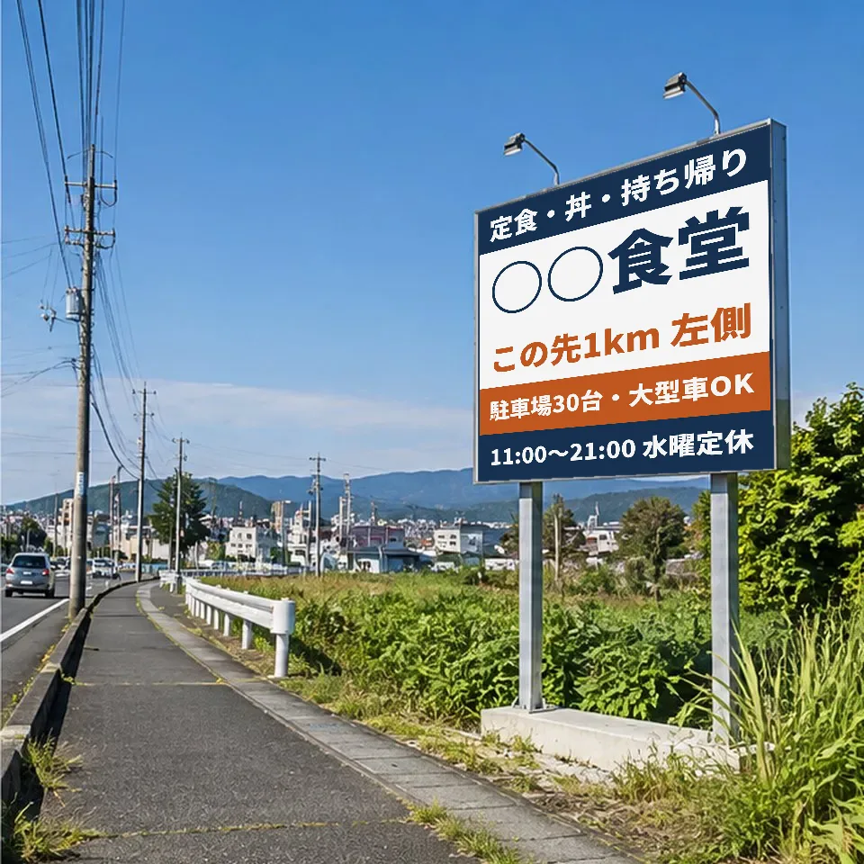 歩道沿いの看板に、架空の定食店の案内を表示したイメージ