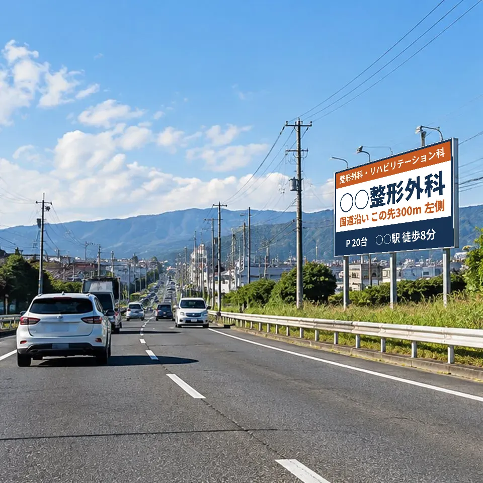 幹線道路沿いの看板に、医院の案内を表示したイメージ写真