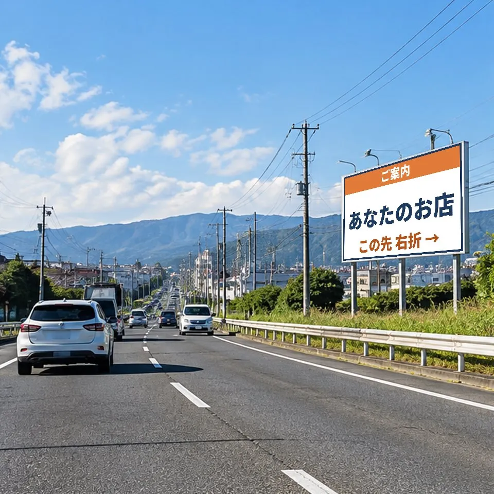 幹線道路沿いの看板に「あなたのお店 この先 右折」と表示したイメージ写真