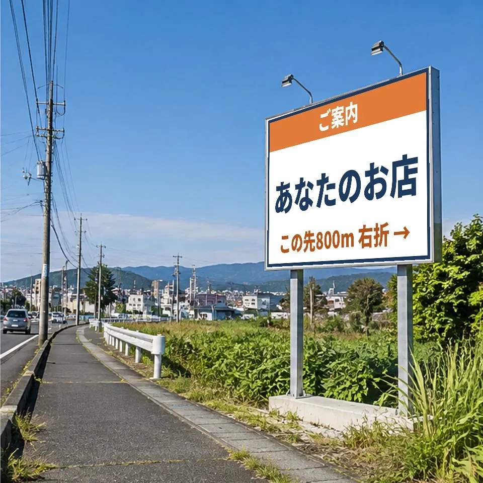 設置イメージの見本(看板に「あなたのお店 この先800m 右折」と表示)