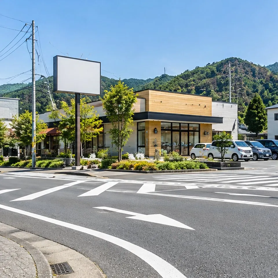 道路沿いの店舗の、何も表示されていない上部の壁面のイメージ写真