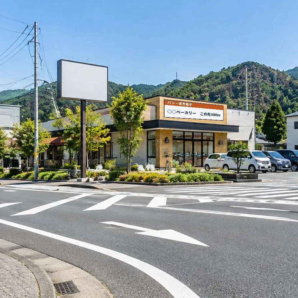 同じ壁面に、近くのお店を案内する広告が入ったイメージ写真